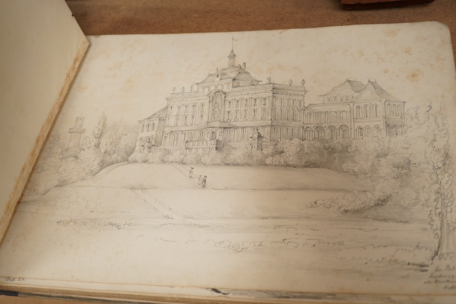 Miscellaneous items to include pen knives, a rosary bead necklace with paper label reading ‘said to have belonged to Mary Queen of Scots..’, a 19th century sketch book dated 1864 and lion head door knocker. Condition - v